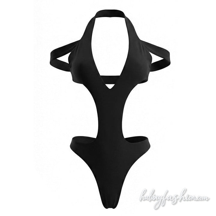 Hollow out v neck halter button solid bodysuit