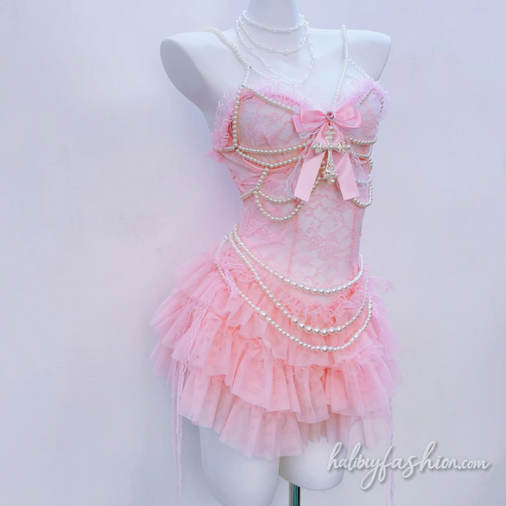 Bowknot beaded lace ruffle v neck mini dress