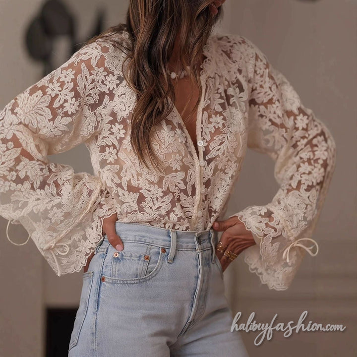 Long sleeve lace self tie button v neck top - Halibuy - 2