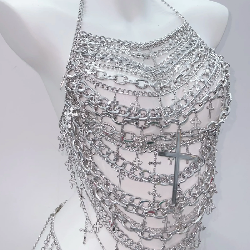 Metal chain cross applique hollow out backless waist chain cut out set  | Festival Outfits Women