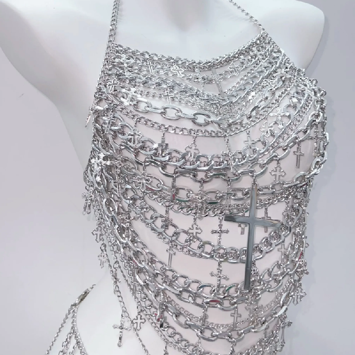 Metal chain cross applique hollow out backless waist chain cut out set  | Festival Outfits Women