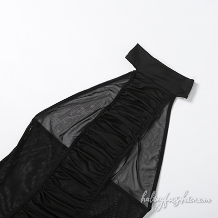 Halter ruched mesh solid see through maxi dress