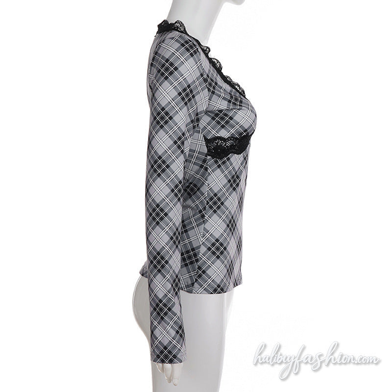 Long sleeve plaid lace hem v neck top