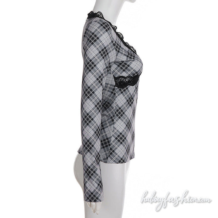 Long sleeve plaid lace hem v neck top