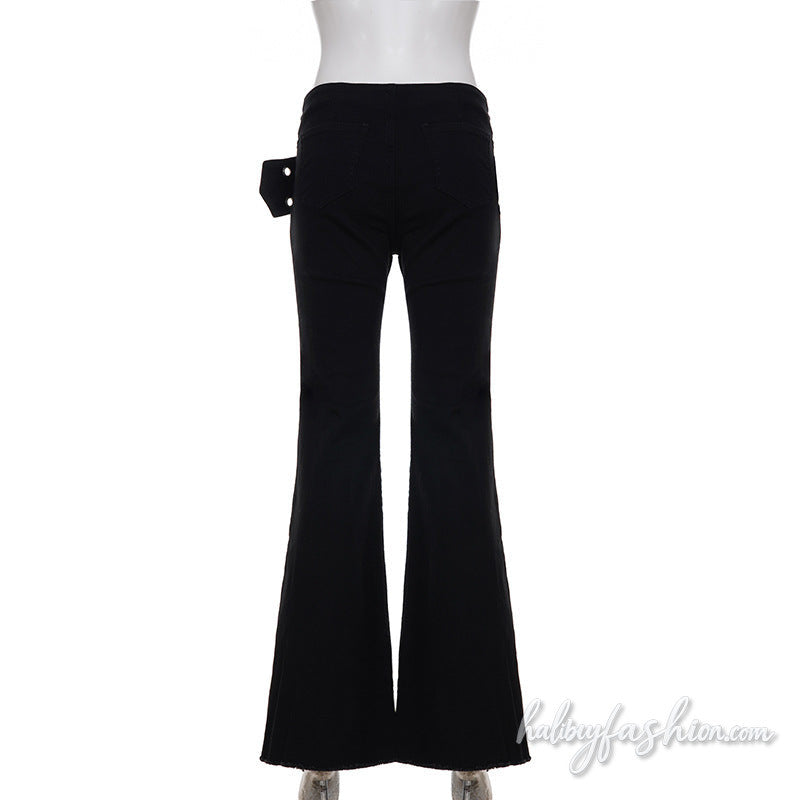 Zip-up buckle irregular low rise wide leg pant