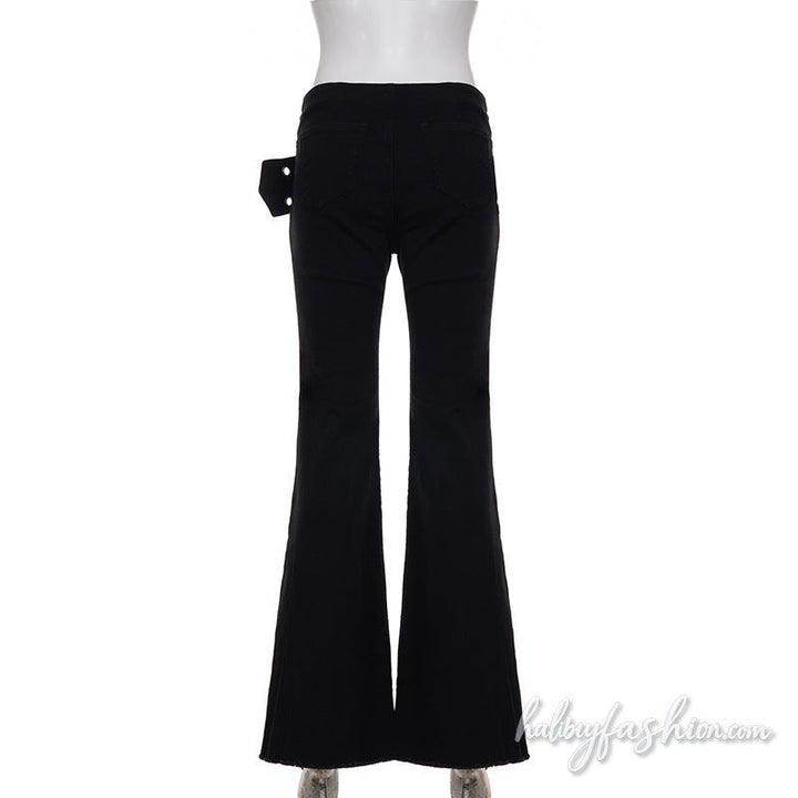 Zip-up buckle irregular low rise wide leg pant