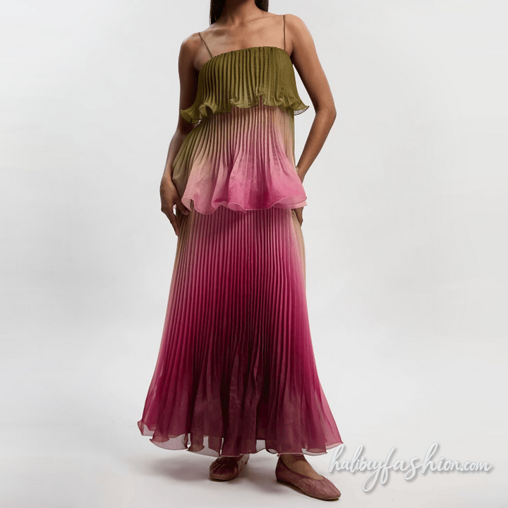 Gradient ruched square neck ruffle cami maxi dress - Halibuy