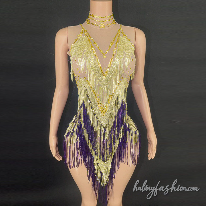 Tassels beaded high neck sleeveless romper