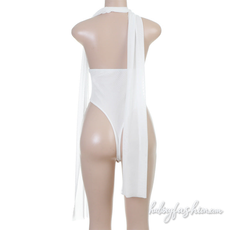 Halter ruched v neck backless solid bodysuit