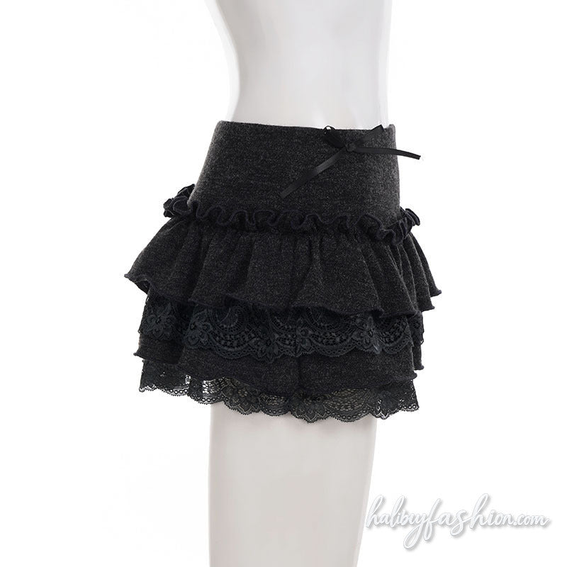 Ruffle bowknot lace hem A line mini skirt