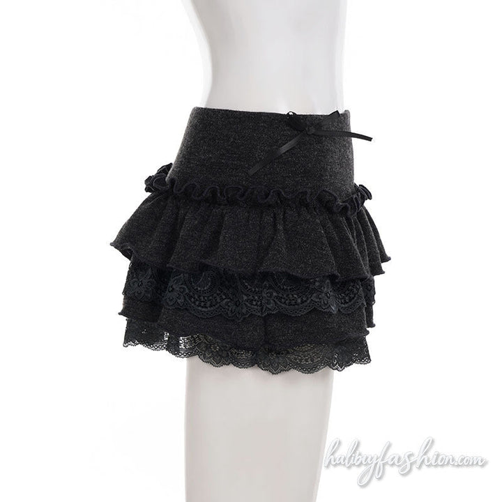Ruffle bowknot lace hem A line mini skirt