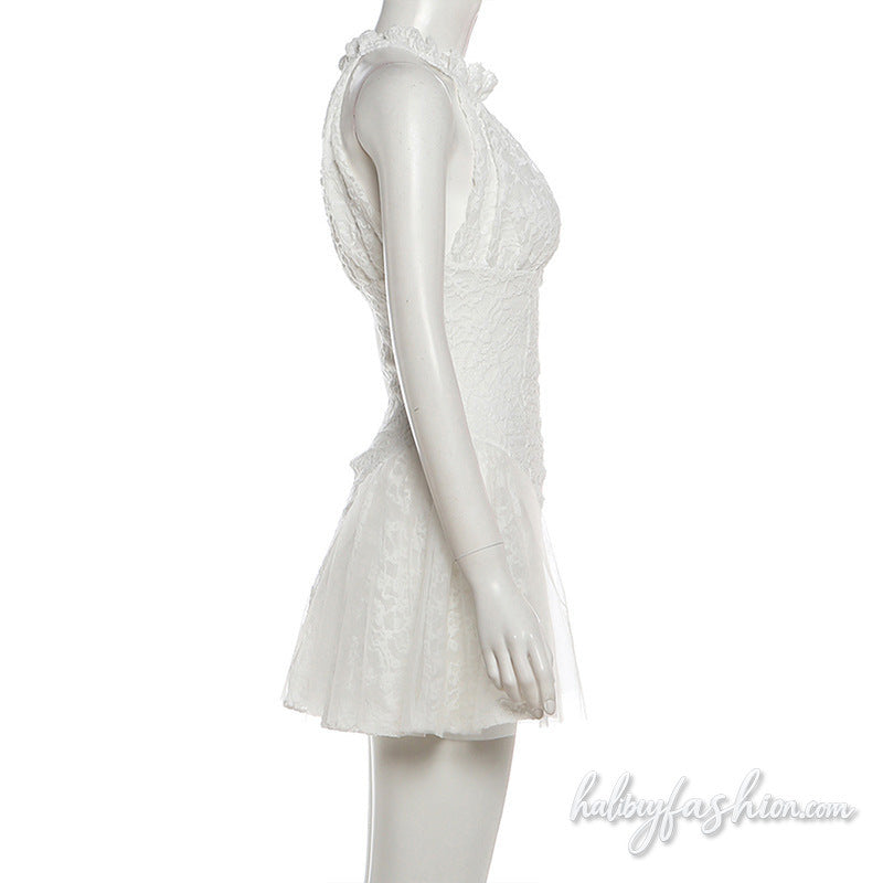 Lace zip-up ruched solid mini dress