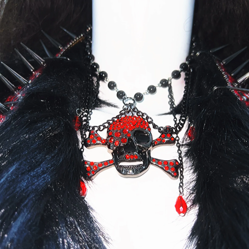 Fluffy rivet applique PU leather v neck o ring top