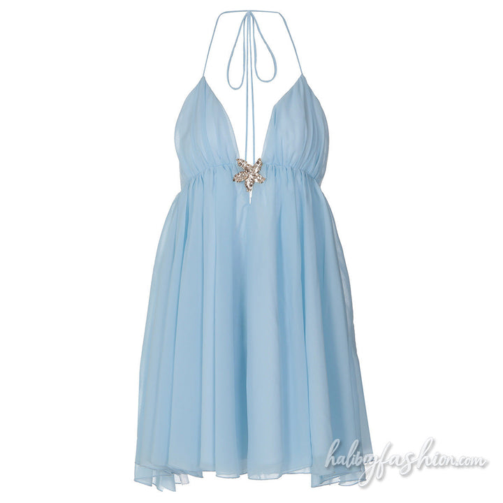 Halter self tie v neck ruched chiffon mini dress