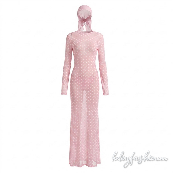 Polka dot long sleeve sheer mesh crewneck maxi dress - Halibuy - 2