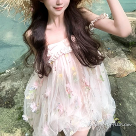 Mesh flower applique ruched ruffle cami mini dress
