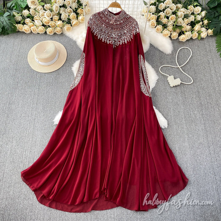 Glitter button crewneck beaded maxi dress