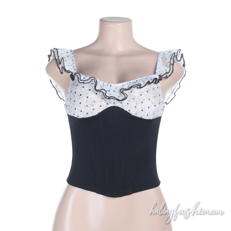 Polka dot ruffle corset contrast top