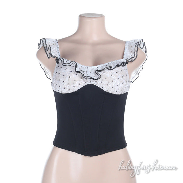 Polka dot ruffle corset contrast top