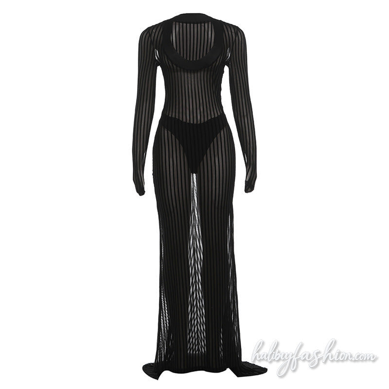 Long sleeve striped u neck mesh solid maxi dress
