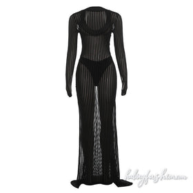 Long sleeve striped u neck mesh solid maxi dress