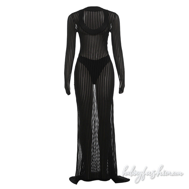 Long sleeve striped u neck mesh solid maxi dress