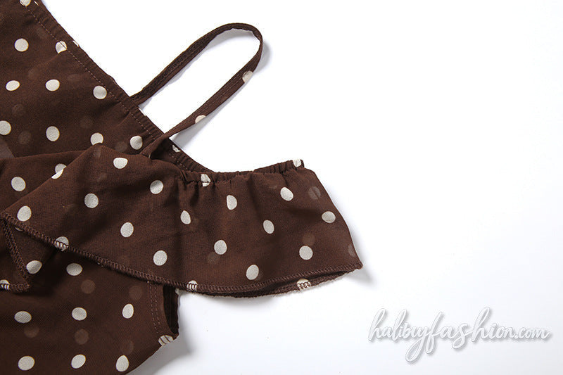 Off shoulder polka dot ruffle high slit cami top