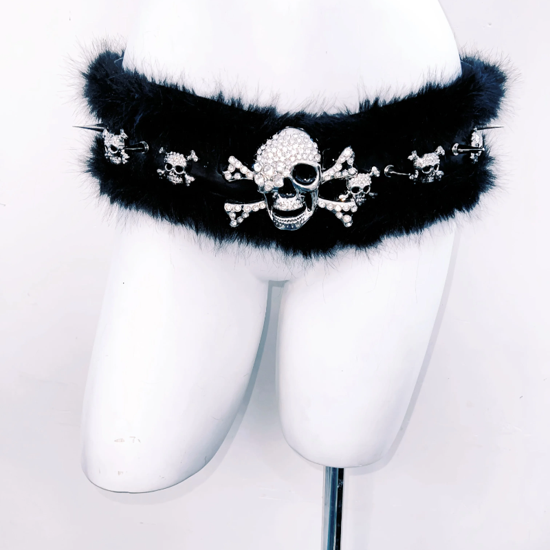 Skull applique fluffy rivet belt  | Festival Outfits Women