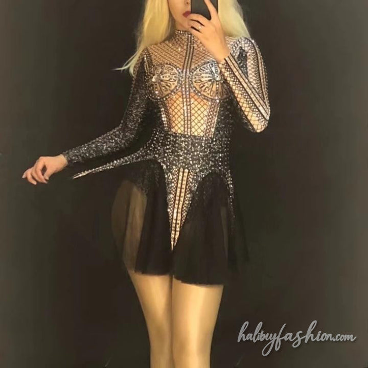 Long sleeve high neck mesh mini dress