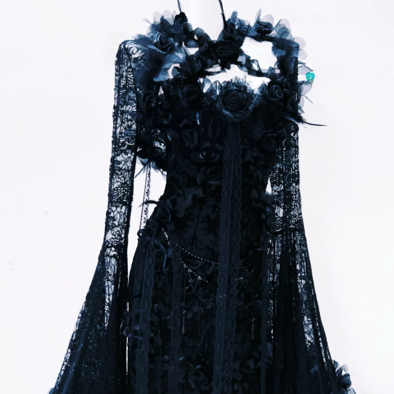 Lace long flared sleeve flower applique maxi dress  | Festival Outfits Women