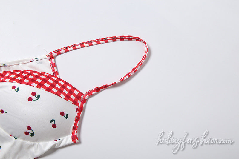 V neck plaid cherry print self tie cami top