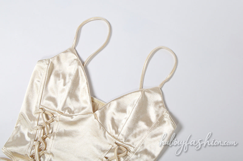 V neck lace up metallic backless cami top - Halibuy - 7