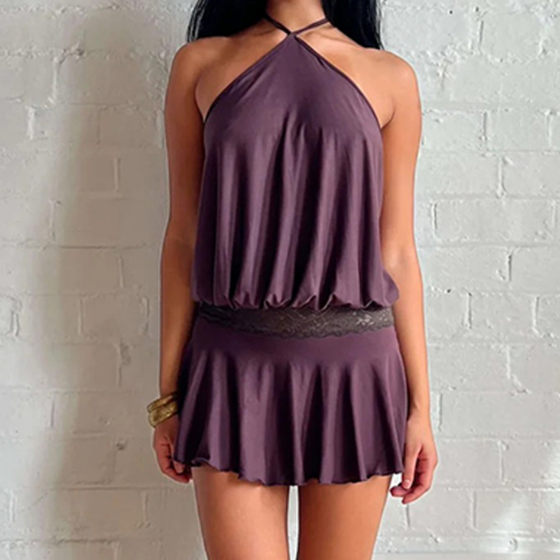 Halter self tie lace patchwork solid mini dress  | Festival Outfits Women