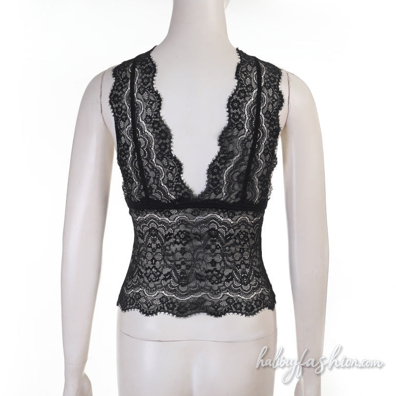Lace v neck see through solid tank top