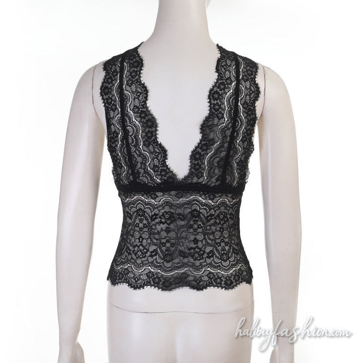 Lace v neck see through solid tank top