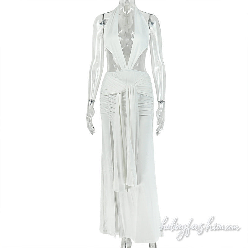 Ruched deep V neck halter self tie slit maxi dress - Halibuy - 3