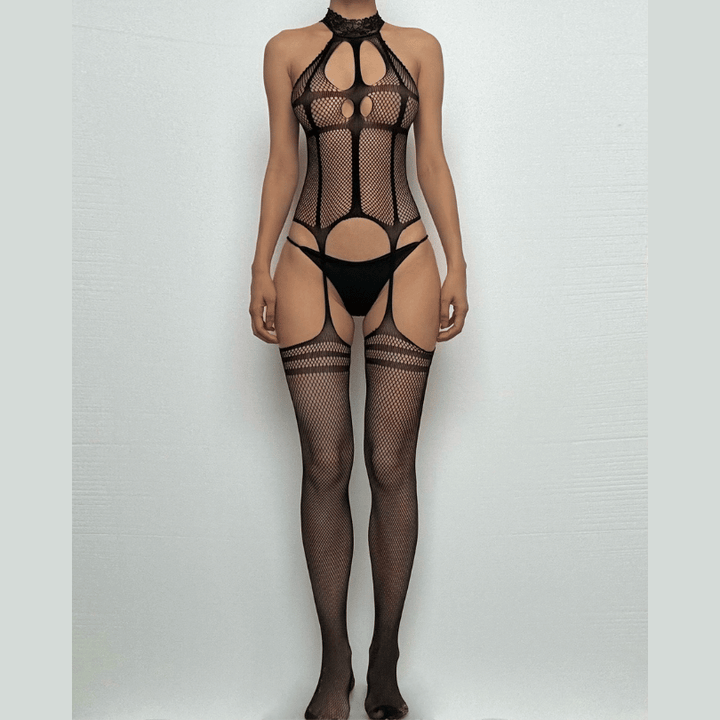High neck fishnet suspender strappy bodystocking  | Festival Outfits Women