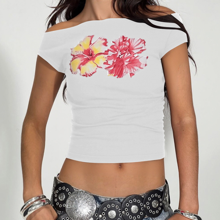 Off shoulder ruched flower pattern top  | Festival Outfits Women