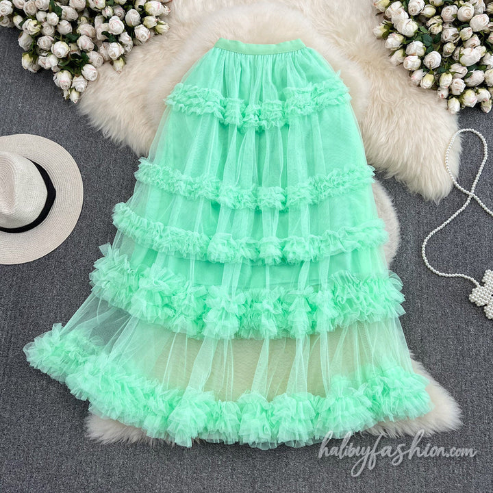 Ruffle mesh ruched maxi skirt