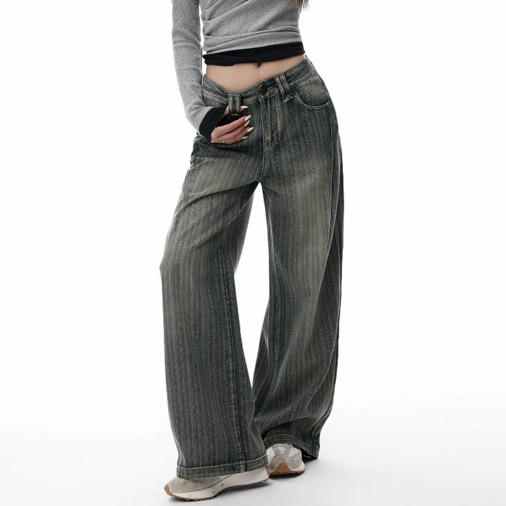 Striped pocket button low rise straight leg | Baggy Low Rise Jeans