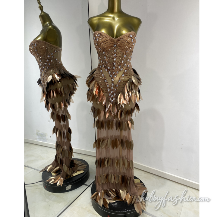 Beaded leaf applique backless tube maxi dress - Halibuy - 2