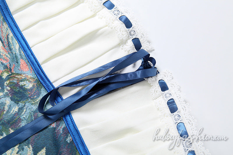 Pleated self tie hollow out flower print tube mini dress