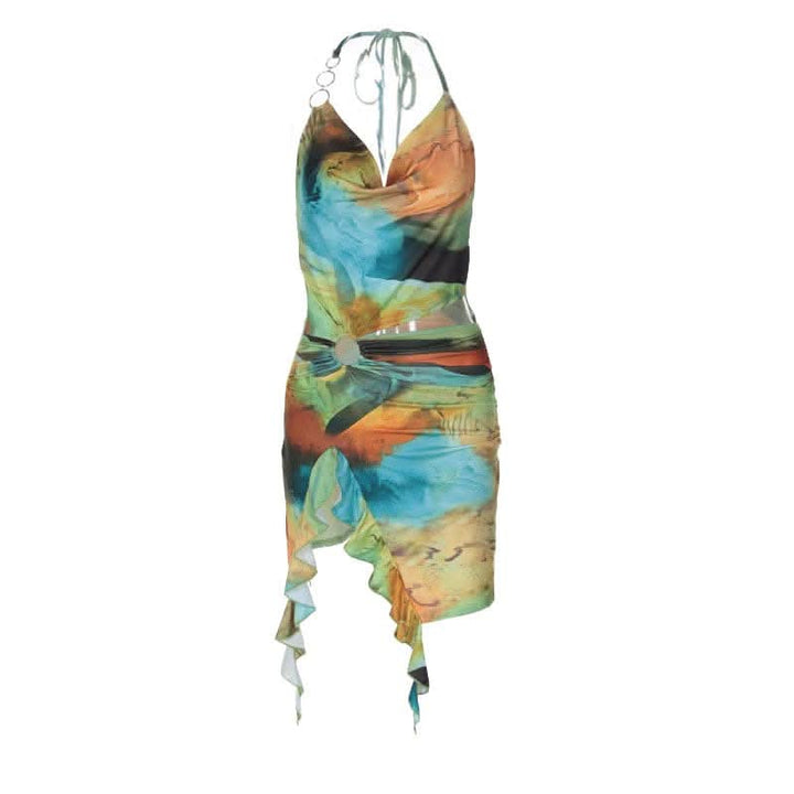 Halter print cowl neck o ring ruffle mini dress-final-sale