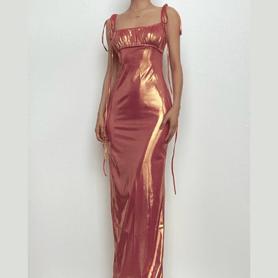 U neck metallic ruched backless cami maxi dress