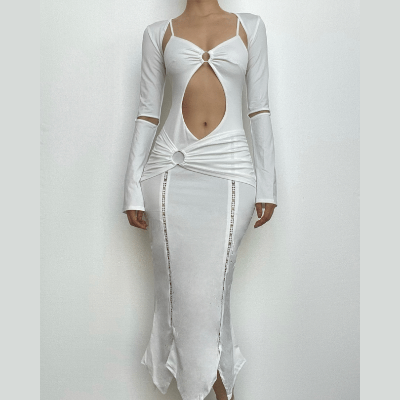 Long sleeve hollow out ruched o ring shrug cami cut out midi dress-final-sale  | Festival Outfits Women