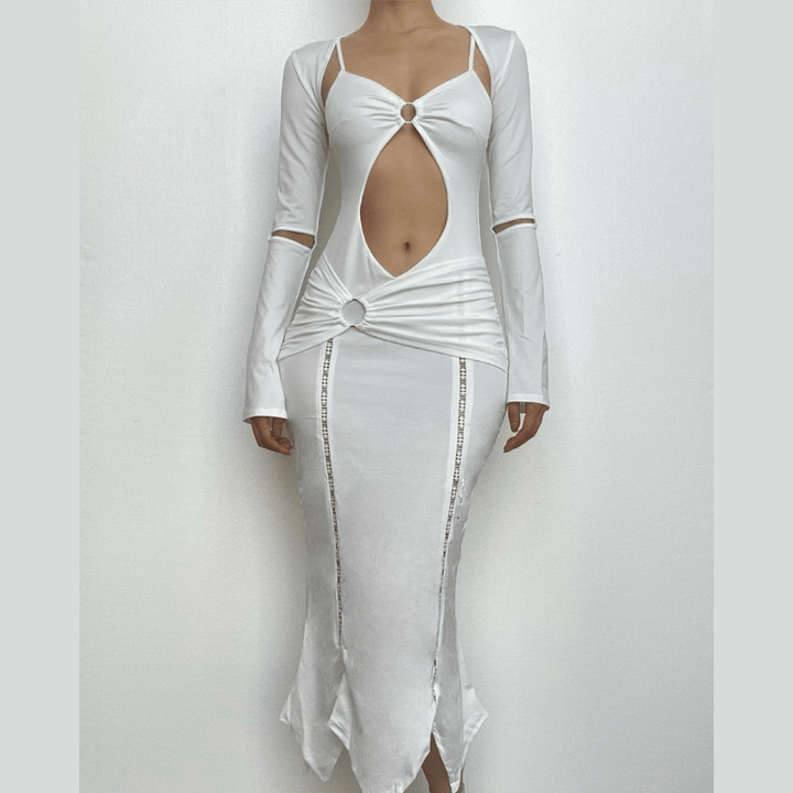 Long sleeve hollow out ruched o ring shrug cami cut out midi dress-final-sale  | Festival Outfits Women