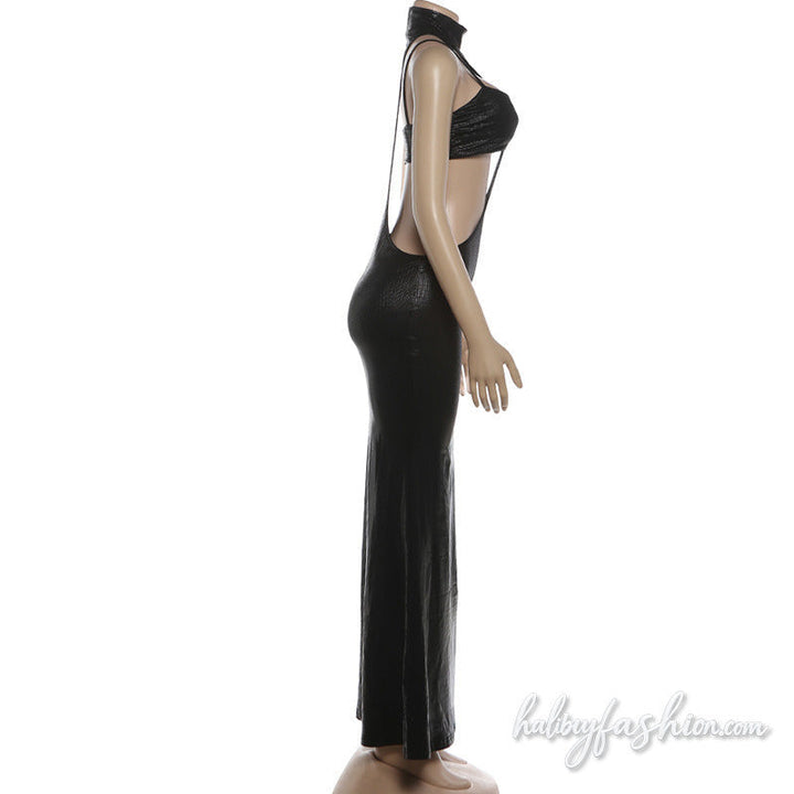 High neck hollow out plaid cami maxi dress