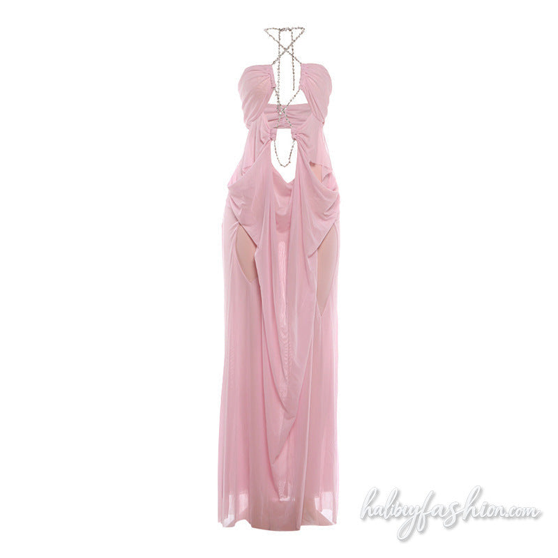 Halter hollow out mesh ruched solid maxi dress