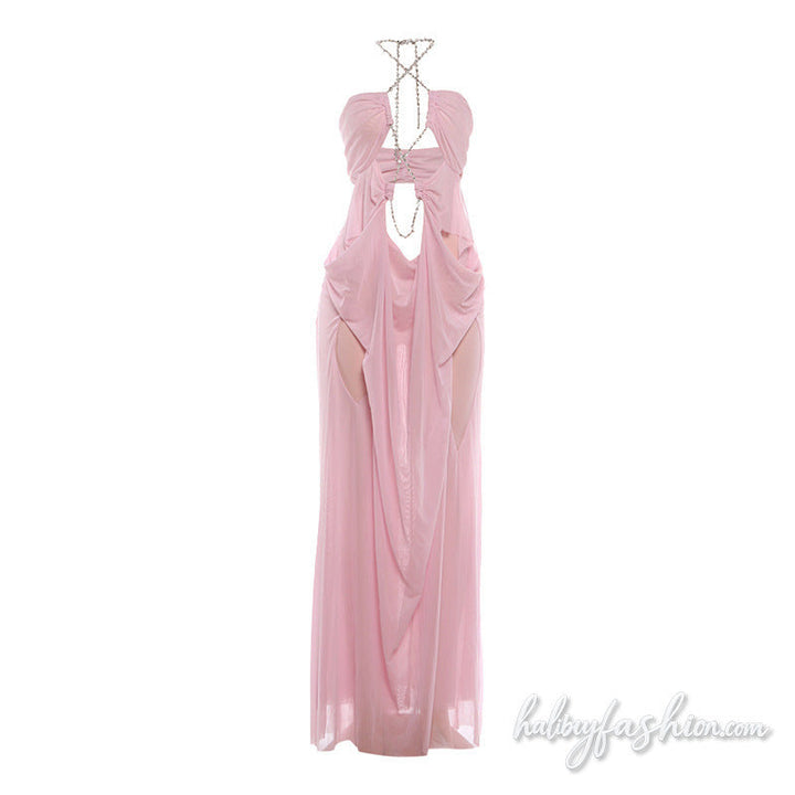 Halter hollow out mesh ruched solid maxi dress