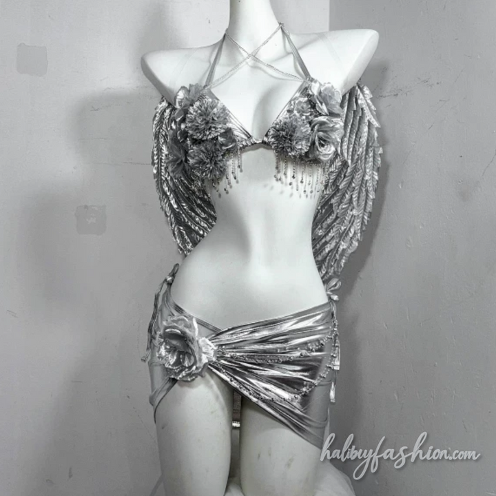 Metallic flower applique metal chain halter self tie top